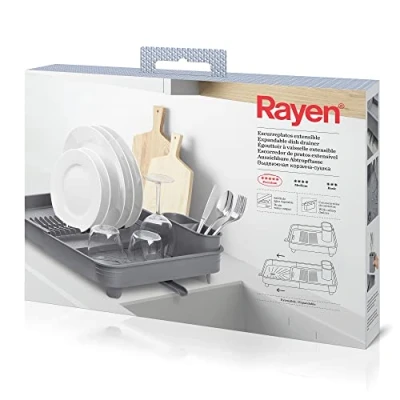 Image de Rayen Égouttoir Extensible Embout Orientable Récipient Amovible Gris Dimensions Déployé : 36x51x9,5 cm Plié 36x32x9,5