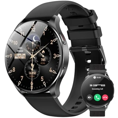 Image de IOWODO Montre Connectée Femme Homme, Appel, Écran à AMOLED Allumé, 2 Bracelets,100 Modes de Sport, Appel Bluetooth, Assistant Vocal, pour Android/iOS（Noir）