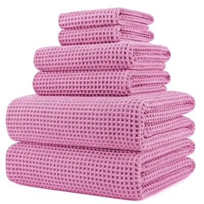 Image de POLYTE Lot de 6 serviettes bain surdimensionnées en microfibre non pelucheuses, à séchage rapide, 152,4 x 76,2 cm, rose, tissage gaufré)
