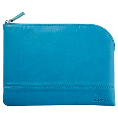 Image de RHODIA 116636C Pochette Zippée en Simili Cuir Turquoise Taille M (16 x 22 cm) Coutures Véritables Intérieur Tissu Orange Rangement Documents, Petites Fournitures