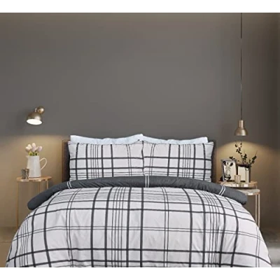 Image de Sleepdown Parure de lit réversible 100% Pur Coton à Carreaux Noir Naturel avec Housse Couette et taies d&#039;oreiller Douce Facile d&#039;entretien Double (200 x 200 cm)