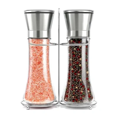Image de Set De 2 Salière Et Poivrière Avec Support Assorti Willow &amp; Everett Moulin à Poivre Sel Grosseur Grain Ajustable En Acier Inoxydable Brossé Grand Facile À Remplir Sans BPA