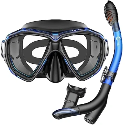 Image de Dorlle Masque de Plongée, Le Plongee étanche est en Verre Trempé, Anti buée et étanche, équipé d&#039;un Tube Respiration sèche Haute Qualité à 3 Canaux pour Adultes, Bleu Noir