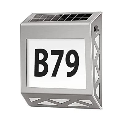 Image de numéro de maison lumineux solaire 8 LED avec interrupteur crépusculaire en acier inoxydable blanc IP54 étanche extérieur numéros 0 9 et lettres A E YOHAYO