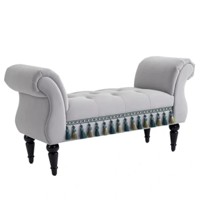 Image de HOMCOM Banc Banquette capitonnée Velours Bout de lit avec accoudoirs Pieds Bois hévéa Gris 40P x 117l 58H cm