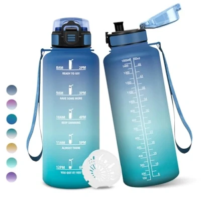 Image de Gourde, 1500ML Sans BPA, Gourde sport, Avec Horodatage, Bouteille, Conception de Verrouillage Anti Fuite, Bouteille Plastique pour bureau, En cours d&#039;exécution, Escalader Des Montagnes Bleu&amp;vert
