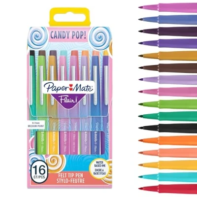 Image de PAPER MATE Stylos feutres Flair Marqueurs à pointe moyenne (0,7 mm) Assortiment de Coloriage Candy Pop (enfants et adultes), journal intime, etc. 16 unités