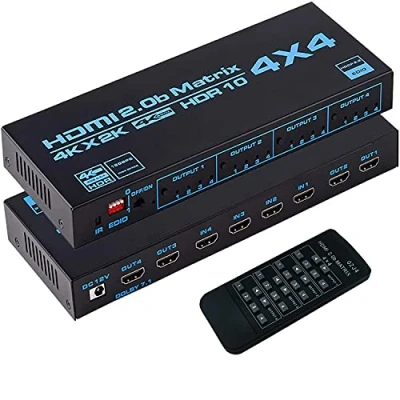 Image de HDMI Matrix 4x4 4K @60Hz Répartiteur de Commutation Matricielle Prise en Charge Dolby Vision RGB 8: 8 HDR10 2.0b HDCP 2.2 EDID Management et Télécommande