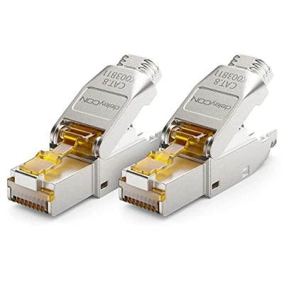 Image de deleyCON 2x CAT 8 Prise Réseau RJ45 Sans Outil 40 Gbit/s Blindée pour Câbles d&#039;Installation Rigides de Câble Brut Connecteur Ethernet LAN DSL Brassage Modem