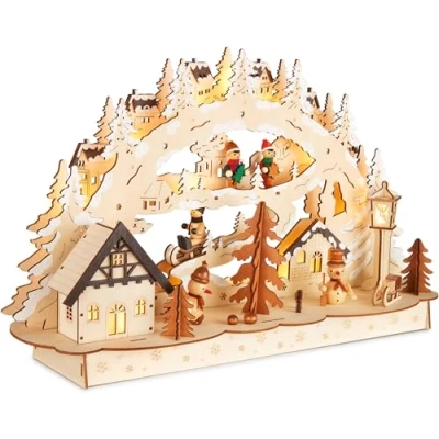 Image de BRUBAKER Arc de Lumière 3D Village dans Un Paysage d&#039;hiver Enneigé Illuminations LED Noël en Bois Naturel 27 x 45 12 cm Peint à la Main Décoration pour Table &amp; Appui Fenêtre