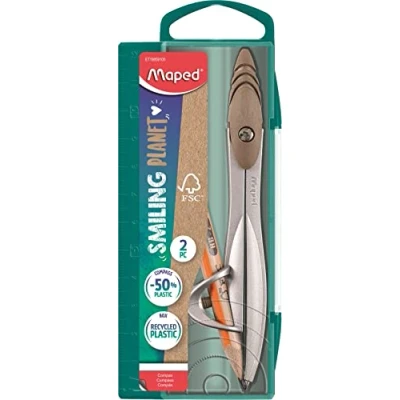 Image de Maped Coffret compas Study Smiling Planet à Bague universelle Le responsable Chape et vis composées 50% de Fibres Bois certifiées FSC Branches en métal A Partir 10 Ans