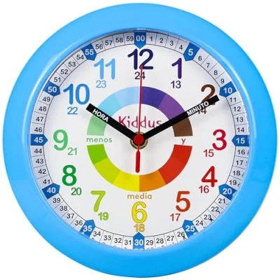 Image de Kiddus Horloge Murale Éducative pour Enfants, Garçon, Fille. Time Teacher Analogique avec Exercices. Facile d’Apprendre à Lire l’Heure.