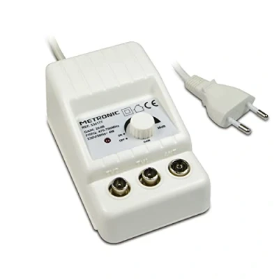 Image de Metronic 332177, amplificateur d&#039;antenne TV intérieure pour chaînes TNT, compatible 4G/5G, 26 dB, 2 sorties avec prise 9,52 mm, blanc
