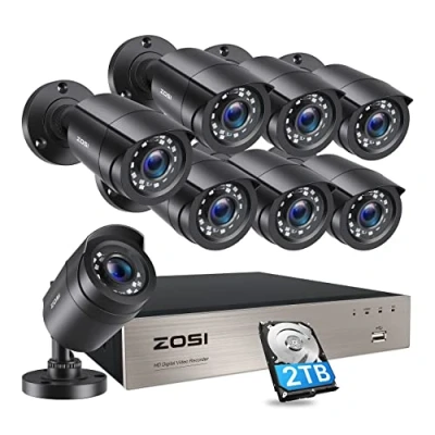 Image de ZOSI Kit Caméra de Surveillance 1080p, 8CH 5MP Lite DVR avec 2TB HDD, 8X 2MP, Vision Nocturne 80ft, Alerte Instantanée