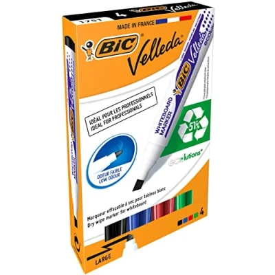 Image de VELLEDA Lot de 3 Packs 4 Feutres tableau blanc effaçable 1751 ECOLUTIONS Pointe Biseau Large N/B/R/V
