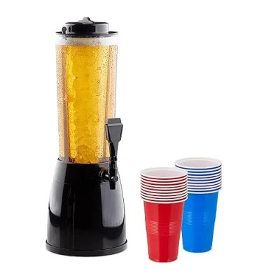 Image de Relaxdays Distributeur de bière, 2,5 l, avec 20 gobelets bière Pong, réservoir à glaçons, Plastique, Multicolore