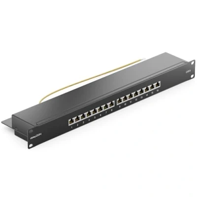 Image de deleyCON CAT6 Panneau de Brassage 16 Port Bureau 19 Pouces Le Montage en Rack Assemblage du Serveur 16x RJ45 Blindé TIA568A TIA568B Noir