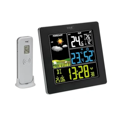 Image de TFA Dostmann Station météo SUN2, capteur sans fil, 35.1174, intérieure/extérieure, température/humidité, grand écran couleur, horloge radio pilotée avec date, noir