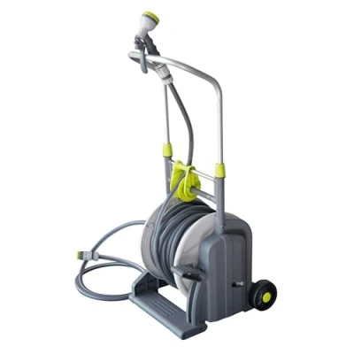 Image de Jardibric Dévidoir d&#039;Arrosage à Pédale avec Tuyau de 25 m, Pistolet 6 Jets et Rallonge 2 m Pratique pour un Arrosage Facile Efficace dans Votre Jardin.