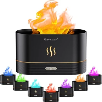 Image de Gzvxuny Diffuseur Huiles Essentielles avec Effet Flamme, 7 Couleurs Lumières LED Humidificateur Parfum Maison, Super Silencieux Aromathérapie, Arrêt Automatique sans Eau
