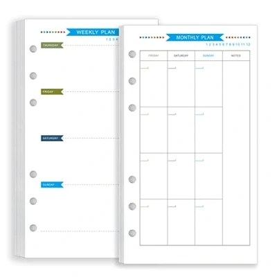 Image de Zelten Recharge de papier perforé multicolore 45 feuilles 90 pages Pour reliure à 6 trous Journal intime rechargeable (A6, Weekly Monthly Planner)