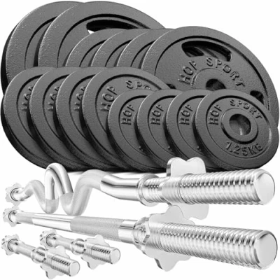 Image de Hop Sport Set d&#039;haltères en Fonte 76 kg, Deux barres courtes, Barre longue, Super SZ Curl et Disques de poids, Jeu
