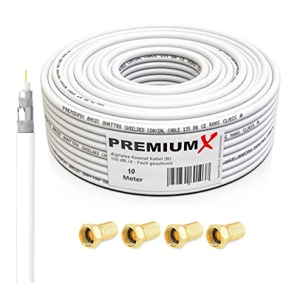 Image de PremiumX BASIC Câble coaxial de 10m Réception parfaite avec un blindage en aluminium quadruple 135dB Compatible DVB S/S2, C, T, installations BK 4 connecteurs F inclus