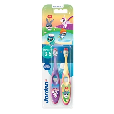 Image de Jordan ® Step 2 Lot de brosses à dents pour enfant 3 5 ans, poils souples, double poignée ergonomique et sans BPA, violet jaune