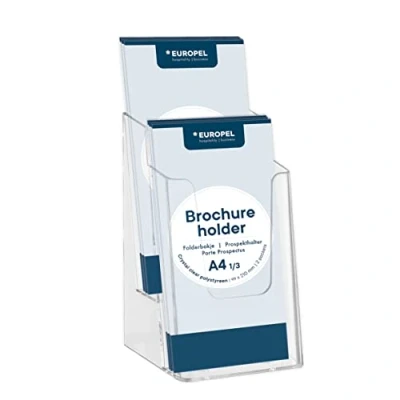 Image de Europel Porte brochure en polystyrène transparent, format 1/3 A4 portrait, 2 cases, option montage mural, dimensions hors tout 123x199x108 mm, Profondeur de remplissage par case 31mm
