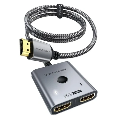 Image de WARRKY Switch HDMI 4K 60Hz avec Cable Fixe 1M (Un écran à la Fois), Splitter [Coquille en Aluminium, Nylon Tressé] Bidirectionnel Commutateur 2 Entrées 1 Sortie, Compatible PS5 PS4 PC