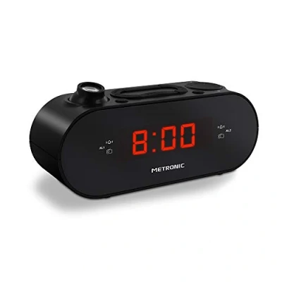 Image de Metronic 477039 Radio réveil FM Projection Double Alarme avec Fonctions Sleep/Snooze, Luminosité Réglable Et Piles De Sauvegarde L&#039;heure Noir