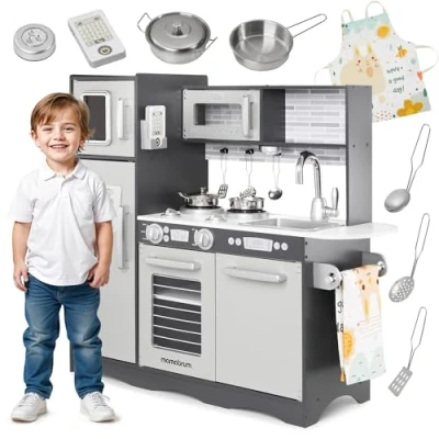 Image de mamabrum Cuisine Enfant en Bois Éclairage LED XXL 92 x 30 82,5 CM Ustensiles Tablier Frigo Micro Ondes Plaque Structure Solide Certifiée Conformité CE &amp;