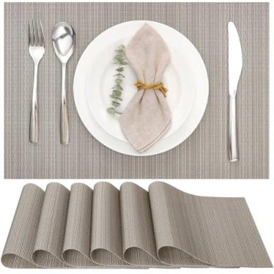 Image de Myir JUN Lot de 6 Sets Table, Tissé Lavable Napperons pour Cuisine ou Table à Manger Résiste la Chaleur Antidérapant Fait en Vinyle (30x45cm) (Argenté Doré)