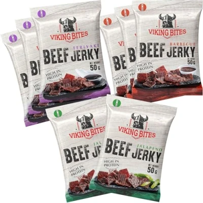 Image de Viking Bites Beef Jerky Mixed box 400 g (8 x 50g) 3x Barbecue, Teriyaki, 2x Jalapeno Bœuf séché en cas à base de viande riche protéines