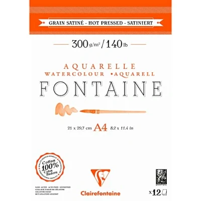 Image de Clairefontaine 975948C Bloc Encollé 2 Côtés Fontaine 12 Feuilles Papier Aquarelle Blanc 100% Coton Grain Satiné Qualité Professionnelle A4 21x29,7 cm 300g