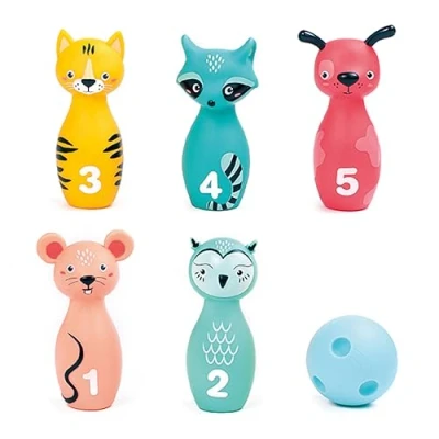 Image de Ludi Jeu de Quilles Souples pour Bébé Dès 10 Mois 5 Animaux Faciles à Prendre en Main + Balle Ergonomique Dextérité, Vise et Coordination Silencieux Léger 100% PVC, Lavable
