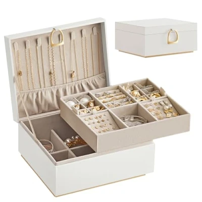 Image de SONGMICS Boîte à Bijoux 2 Niveaux, Coffre avec Poignée, Plateau Flexible, Écrin Rangement d’Accessoires, Effet Flottant, 20,5 x 24 11 cm, Blanc JBC165W01