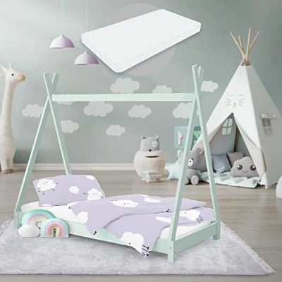 Image de ML Design Lit d&#039;enfant Tipi 70 x 140 cm Menthe avec Matelas à Mousse Froide Hypoallergénique et Sommier Lattes, Housse Amovible Respirant Lavable, Cadre de Style Indien en Bois Pin Massif