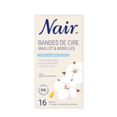Image de NAIR Cire froide Maillot &amp; Aisselles A l’Huile de graines Coton Formule 99% origine naturelle Peau douce et lisse x 16 bandes