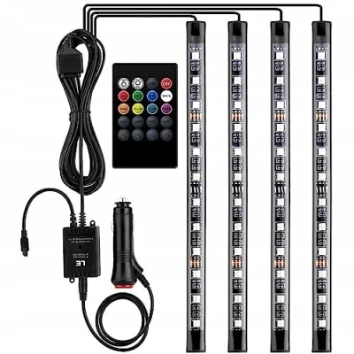 Image de Retoo 12V LED éclairage intérieur de voiture avec 4 pièces 48 RGB, 3 m bandes multicolores voiture, bande lumineuse contrôlable télécommande, étanche pour allume cigare