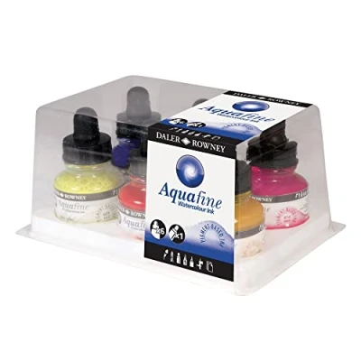 Image de DALER ROWNEY Aquafine Watercolour Ink Set introduction encre aquarelle 6 x 29,5 ml + 1 marqueur