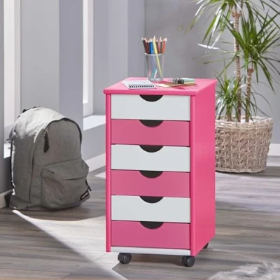 Image de Inter Link Caisson roulant avec 6 tiroirs de bureau Armoire roulante Chariot à roulettes Commode Pin massif Rose/Blanc LxPxH : 35x39x66 cm