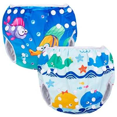 Image de Luxja Couches de Bain, Bébé Maillot Bain 2PCS, Lavable, Réutilisable, Ajustable, Pour les enfants 0 3 Ans, Dauphin + Étoile