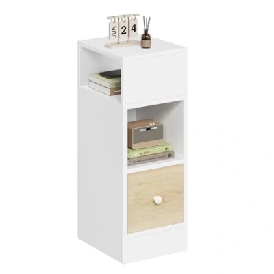 Image de EUGAD Table de Chevet Étroite, Nuit avec 2 Compartiments Ouverts et 1 Tiroir, 25x30x66cm, Meuble Rangement Compacte pour Chambre à Coucher, Salon, en Aggloméré, Blanc Chêne Clair, 0011CTG