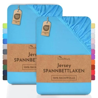 Image de Lot de 2 draps housses NatureMark En coton jersey Certifié selon la norme Öko Tex 100 « Confiance textile », Coton, Türkis, 2er Pack 90x200 100x200 cm