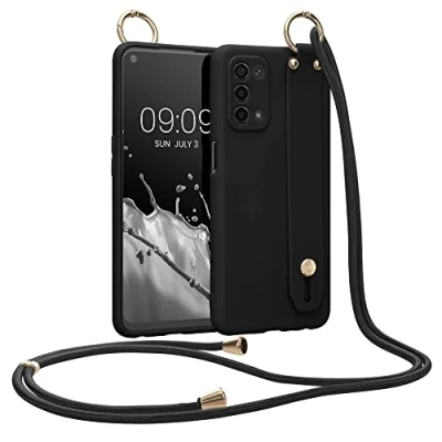 Image de kwmobile Coque Compatible avec Oppo A74 (5G) / A54 Housse TPU Cordon Collier et Sangle Support Doigt Main Noir
