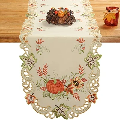 Image de Quinnyshop Citrouille et Tournesol Broderie Chemin de Table 45 x 170 cm Ovale Polyester, Crème