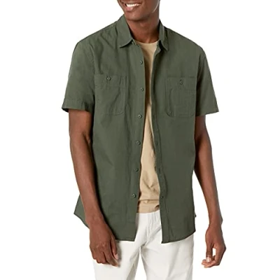 Image de Amazon Essentials Chemise en Chambray à Manches Courtes Homme, Vert Olive, M