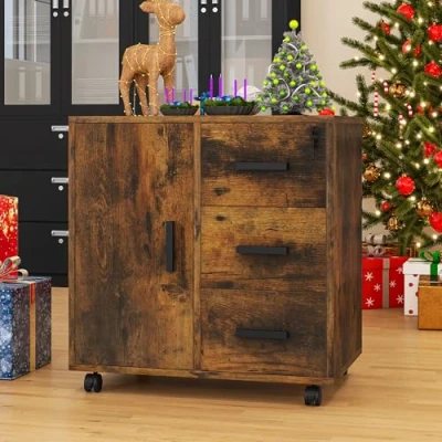 Image de YITAHOME Meuble Rangement Bureau, Caisson 3 tiroirs Une Porte, Sideboard, pour Documents, Support d&#039;imprimante sur 4 roulettes Mobile, de Burea (Marron Rustique)