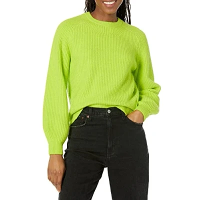 Image de Amazon Essentials Pull over côtelé à col ras du cou Femme, Vert Citron, M